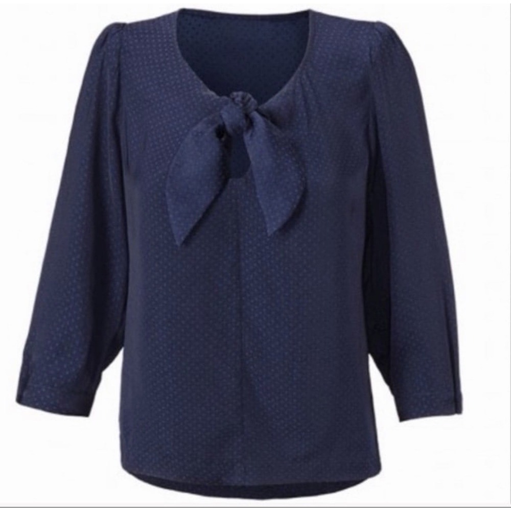 CAbi Navy Blue Knot Blouse Micro Swiss Dot‎ Tie Neck Lightweight Silky #5525